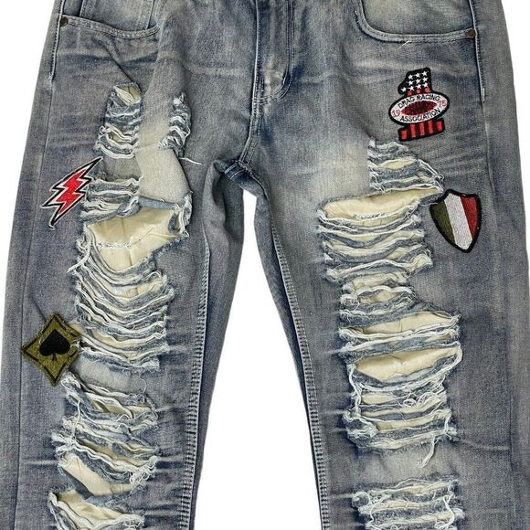 Mens True Rock Jeans Distressed Thrashed Patches Tag Size 34 Light Stone Wash - Picture 3 of 12